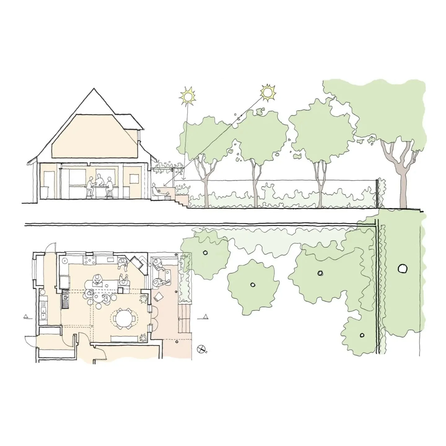 A Joburg kitchen. The big fireplace and the big trees are already there. The kitchen island is in the shape of my first ever dining table (designed for a very tight space almost 30 years ago) shaped so that people could connect across the table. The 