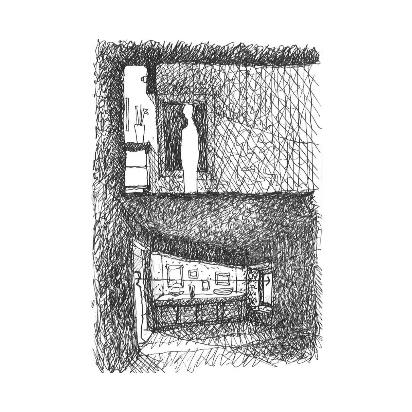 Detail of House Smithers by Michael Sutton 1961. Drawn from memory, so it's a bit wonky. Been painstakingly writing about this house and it's been confounding. But this detail nicely shows what the architect might have been after. Most movement axes 