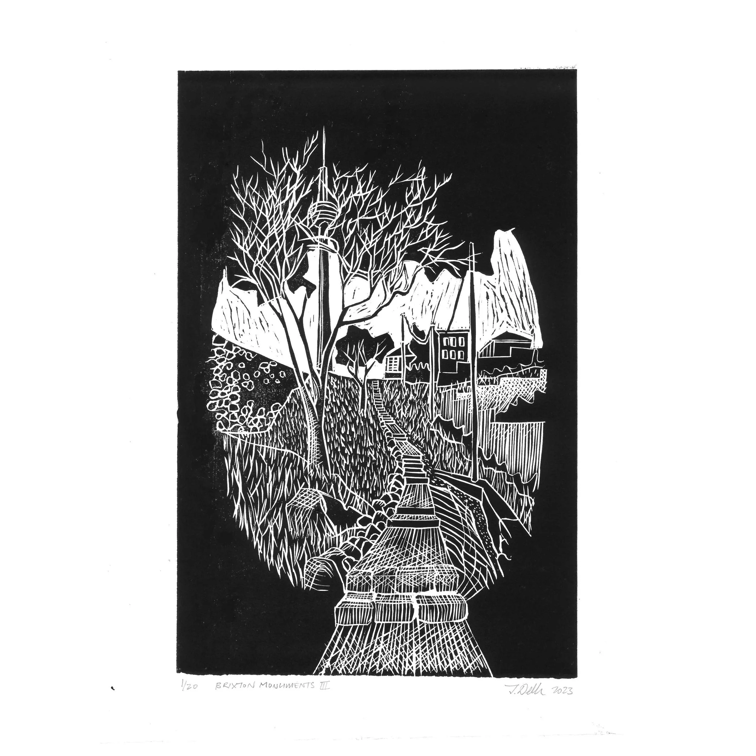 Linocut by Brixton, JHB Monuments by architect, Thorsten Deckler