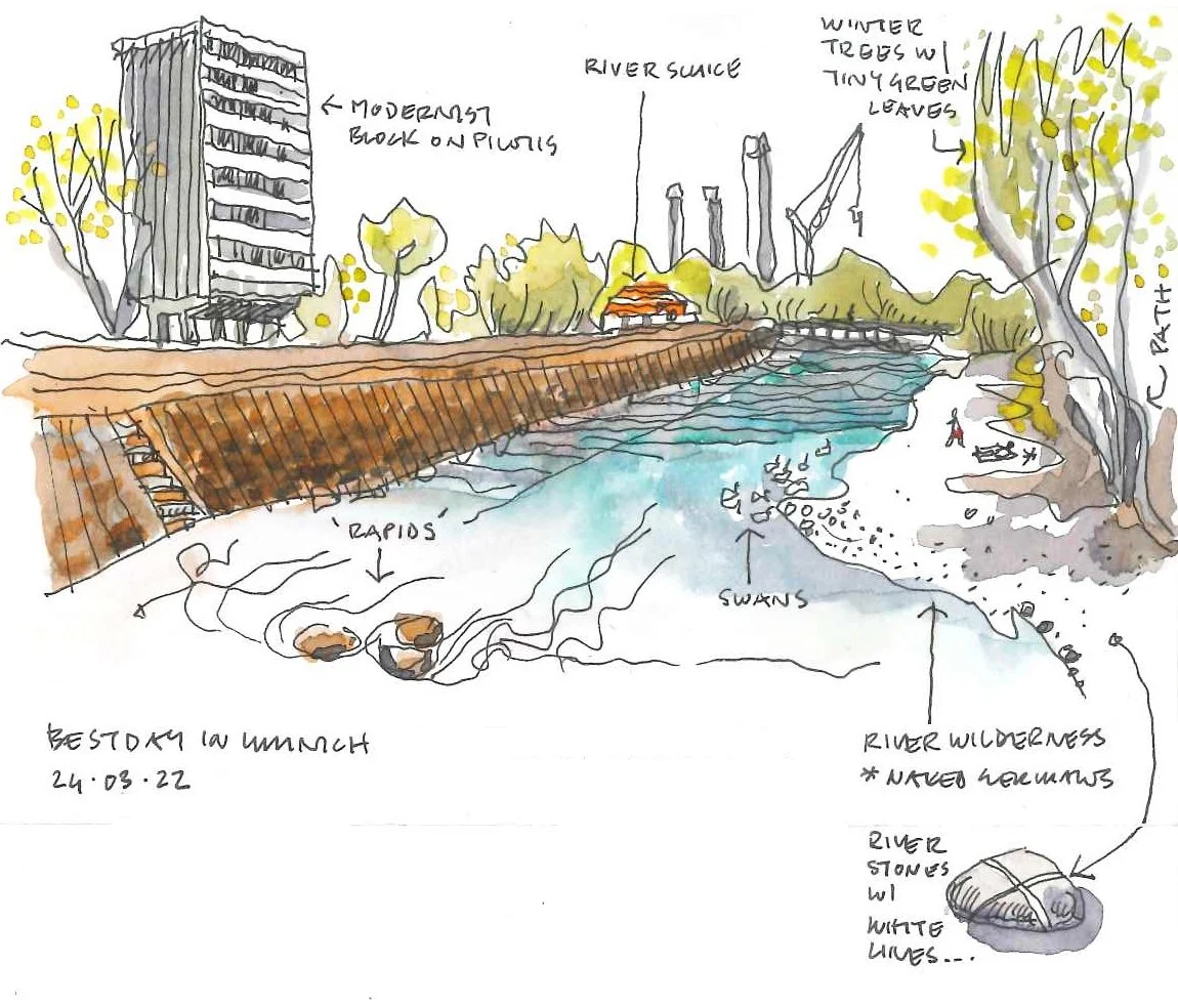 Sketch of the Isar River in Munich, Germany by  architect Thorsten Deckler