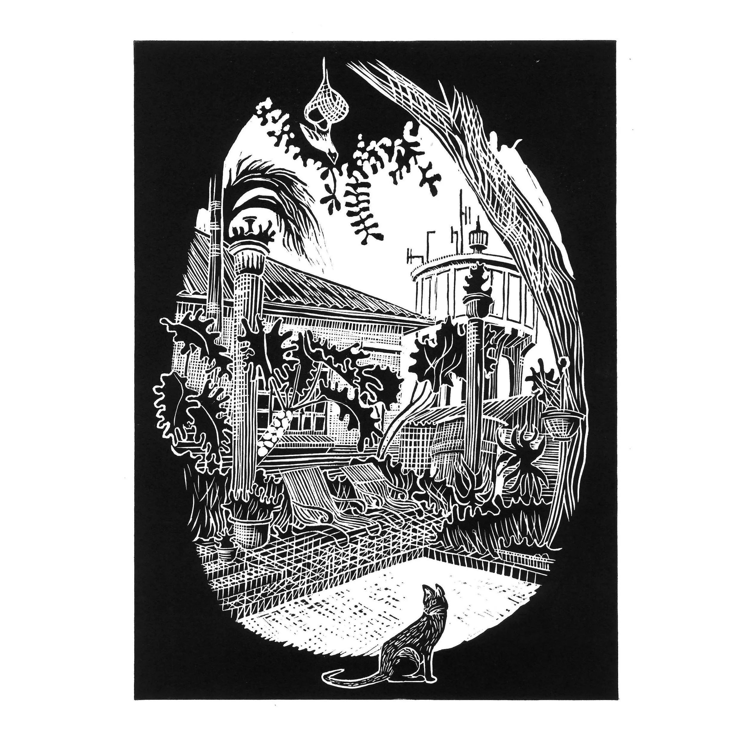 Linocut of Brixton, JHB Monuments by architect, Thorsten Deckler