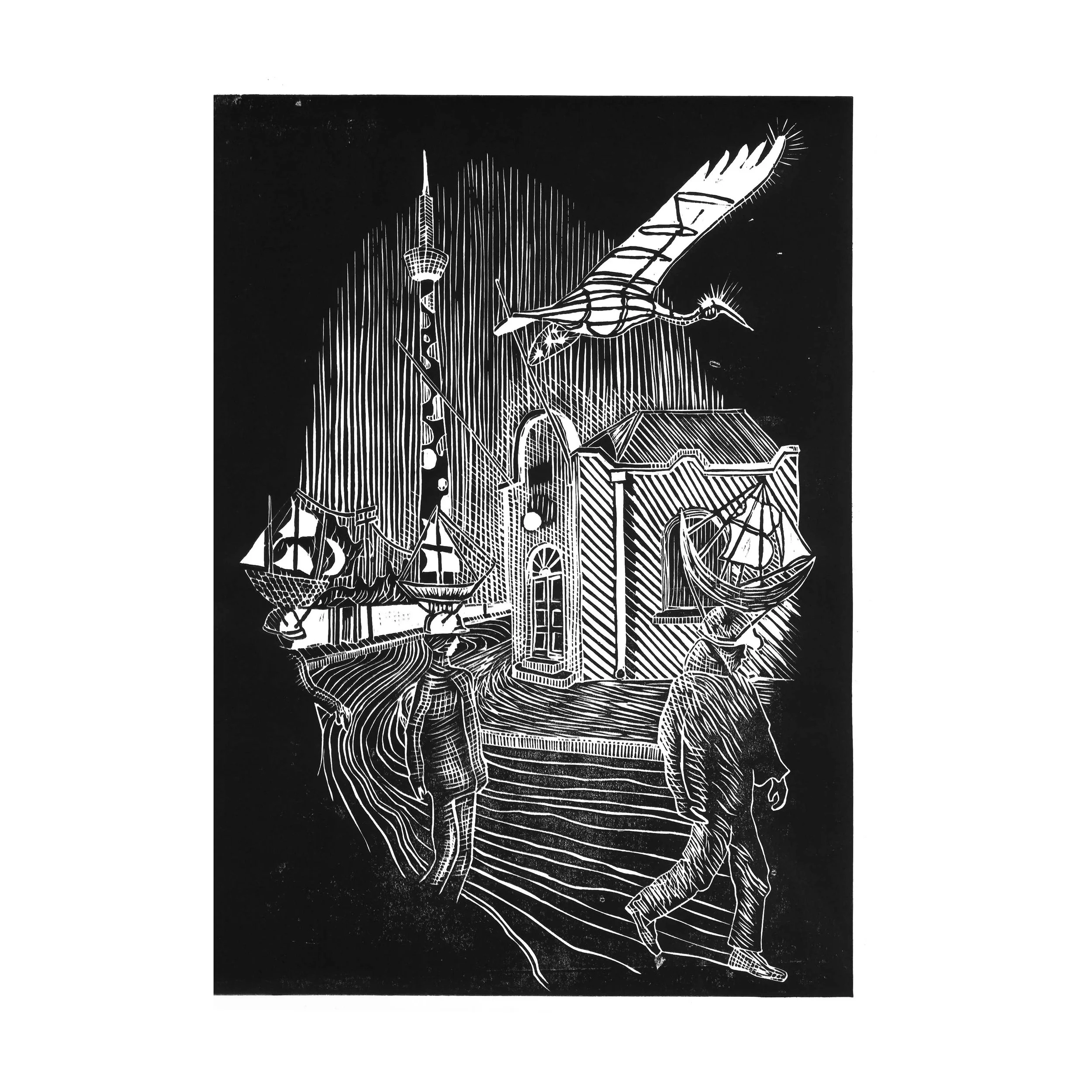Linocut of Brixton, JHB Monuments by architect, Thorsten Deckler
