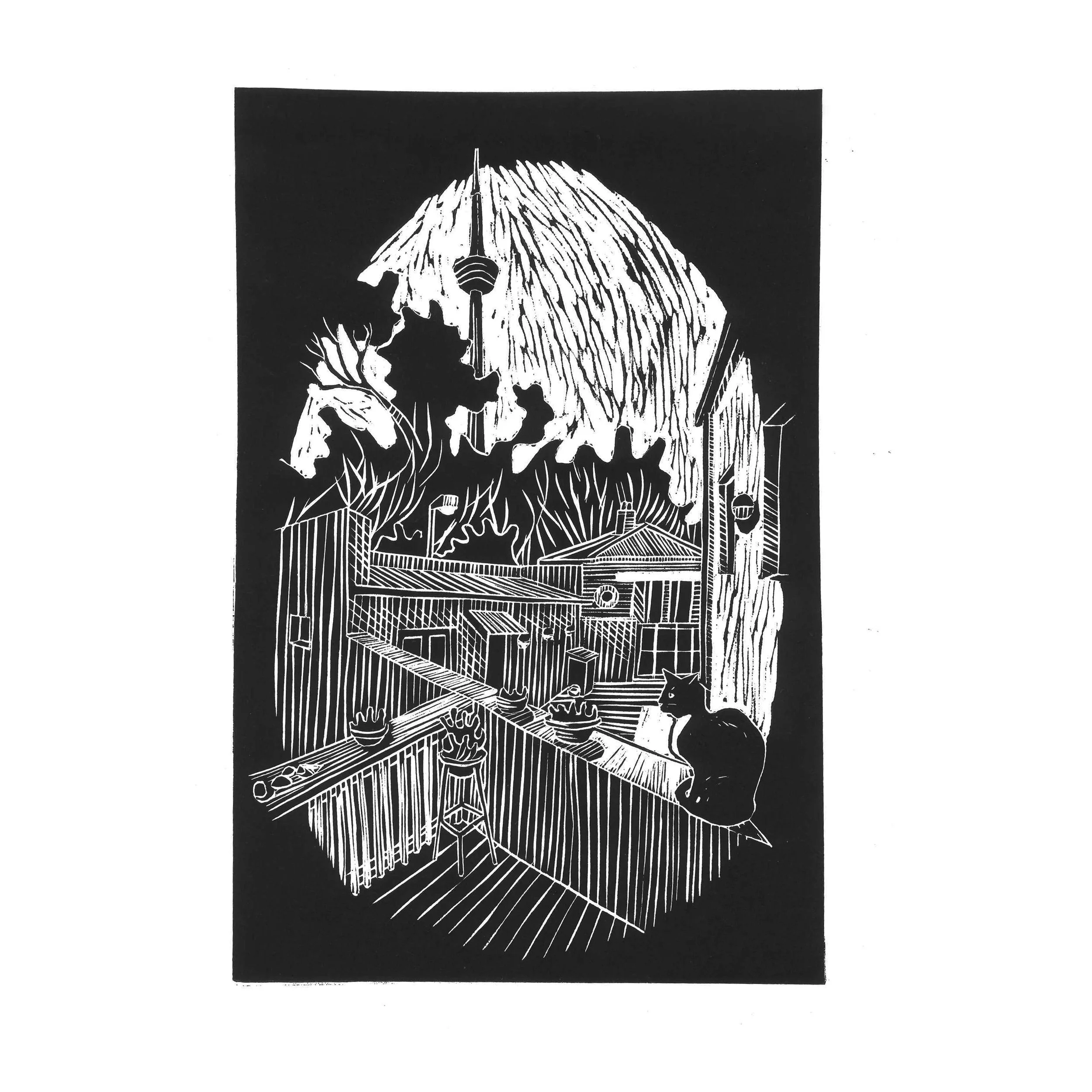 Linocut of Brixton, JHB Monuments by architect, Thorsten Deckler