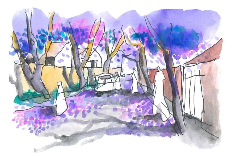 Watercolour sketch by architect Thorsten Deckler, thethinkinghand, of the jacarandas in Joburg