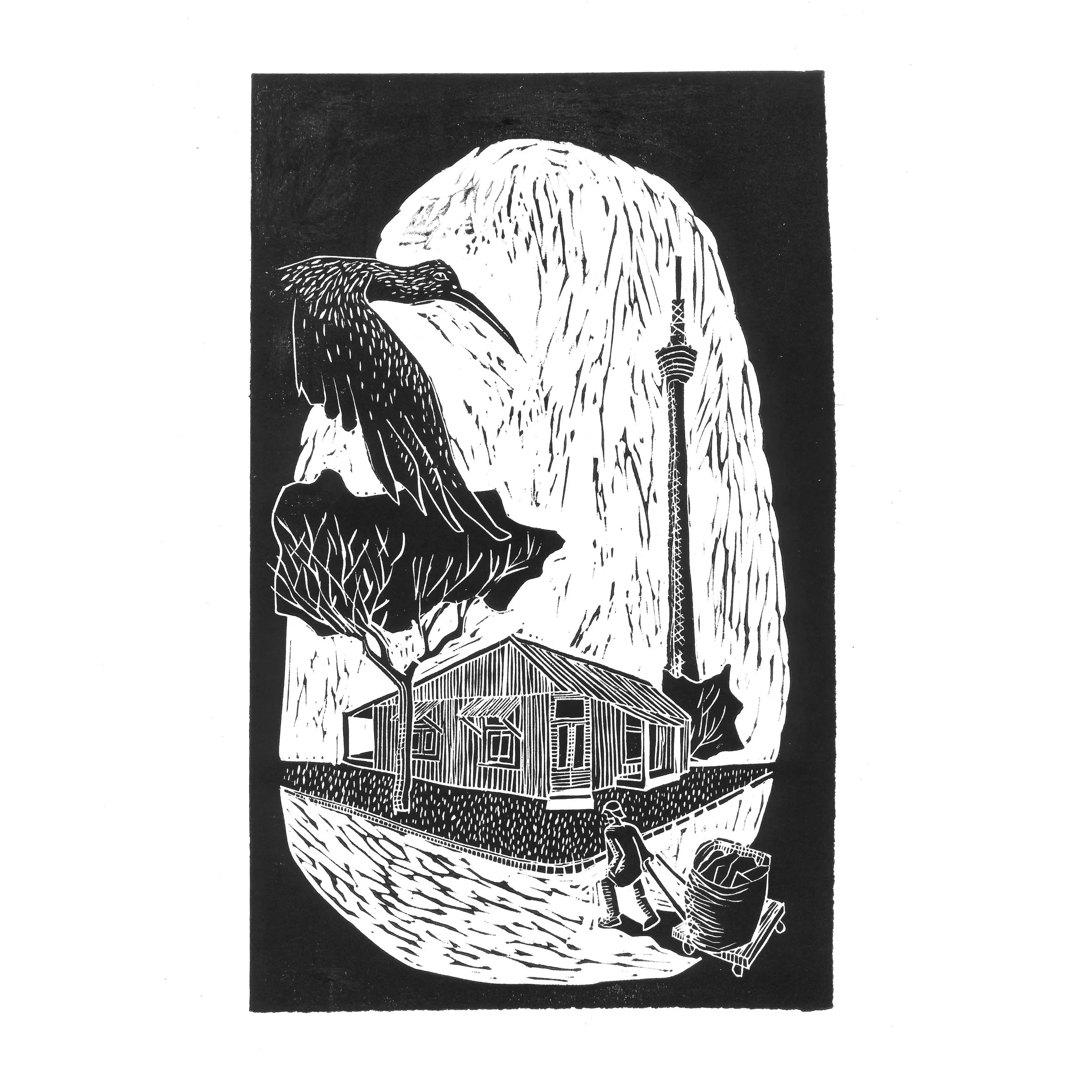 Linocut of Brixton, JHB Monuments by architect, Thorsten Deckler