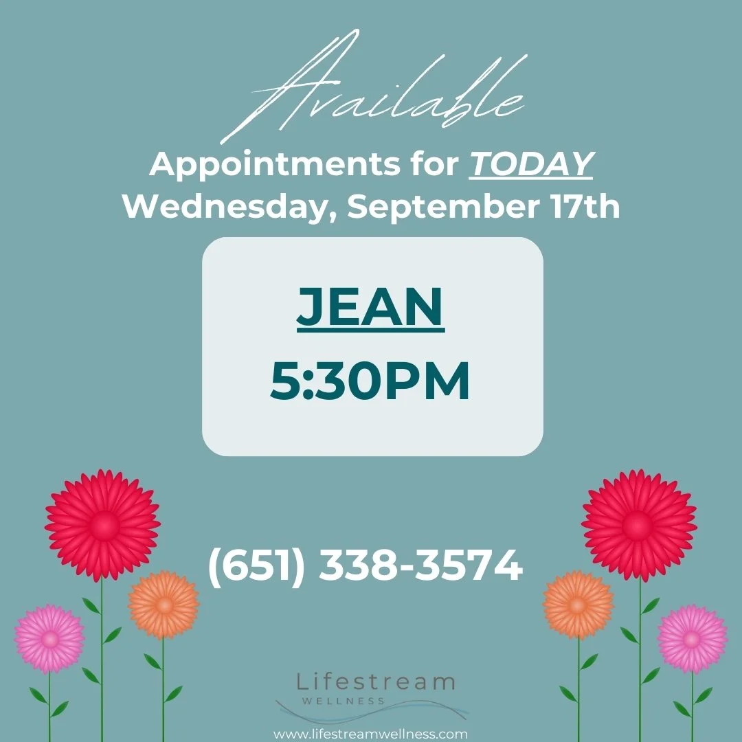 We have a last minute opening for today, Wednesday, September 17th with Jean at 5:30pm!! Call or text us at (651) 338-3574 to schedule!