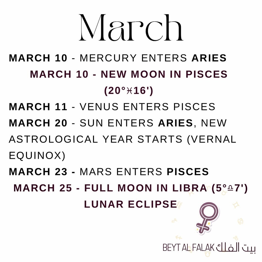A little peak at the astrology of March ✨ eclipse season starts at the end of the month! 👀 Good idea to start preparing, checking where and how it impacts our charts. 

I am offering special eclipse readings if you need help seeing how it impacts yo