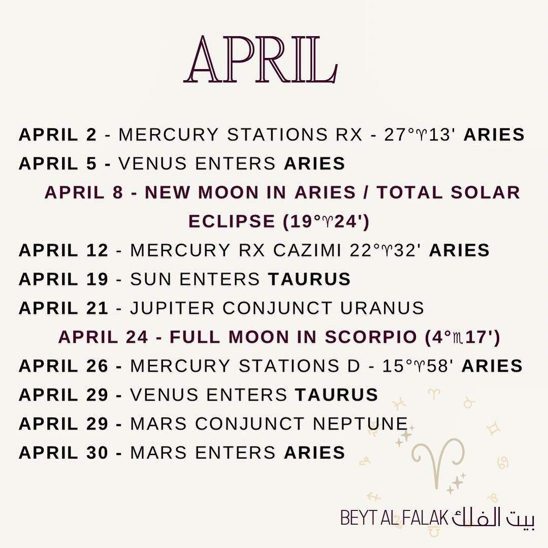 April: a very intense month ahead!

Expect some big changes ahead ♈︎ !

The two highlights of the month are the solar eclipse in Aries (8) and the Jupiter-Uranus conjunction in Taurus starting April 15. The conjunction of these two slow moving planet