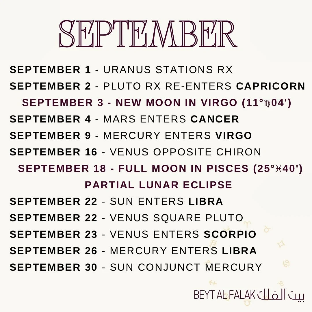 A somewhat belated September Astro agenda. 🍂🌻Sometimes life gets in the way 🙃

Another month full of strong energies.. Two transits to keep in mind are of course the beginning of eclipse season ⚡️🌝 and Mars entering the sign of Cancer where it wi