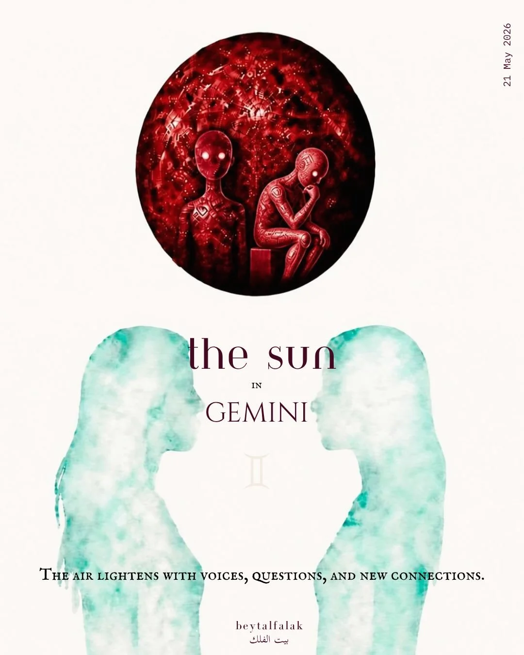 The Sun is in Gemini 👥

The Sun is now crossing Gemini territory. Ruled by Mercury, Gemini loves gathering all sorts of fun facts, and takes pride in their mental inventory.

The general vibe is lighter now, we lean towards conversation, fun and par