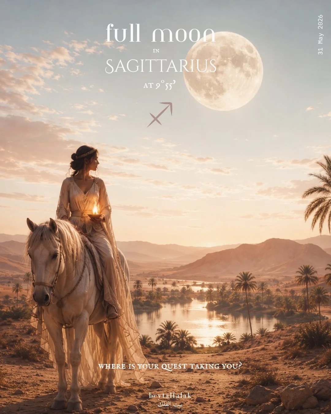 Full Moon in Sagittarius at 9&ordm;55&rsquo;

A Full Moon occurs when the Moon stands in exact opposition to the Sun, with the Earth in between, so the Moon&rsquo;s face is fully lit. This is a moment of  culmination, endings, realisations and releas