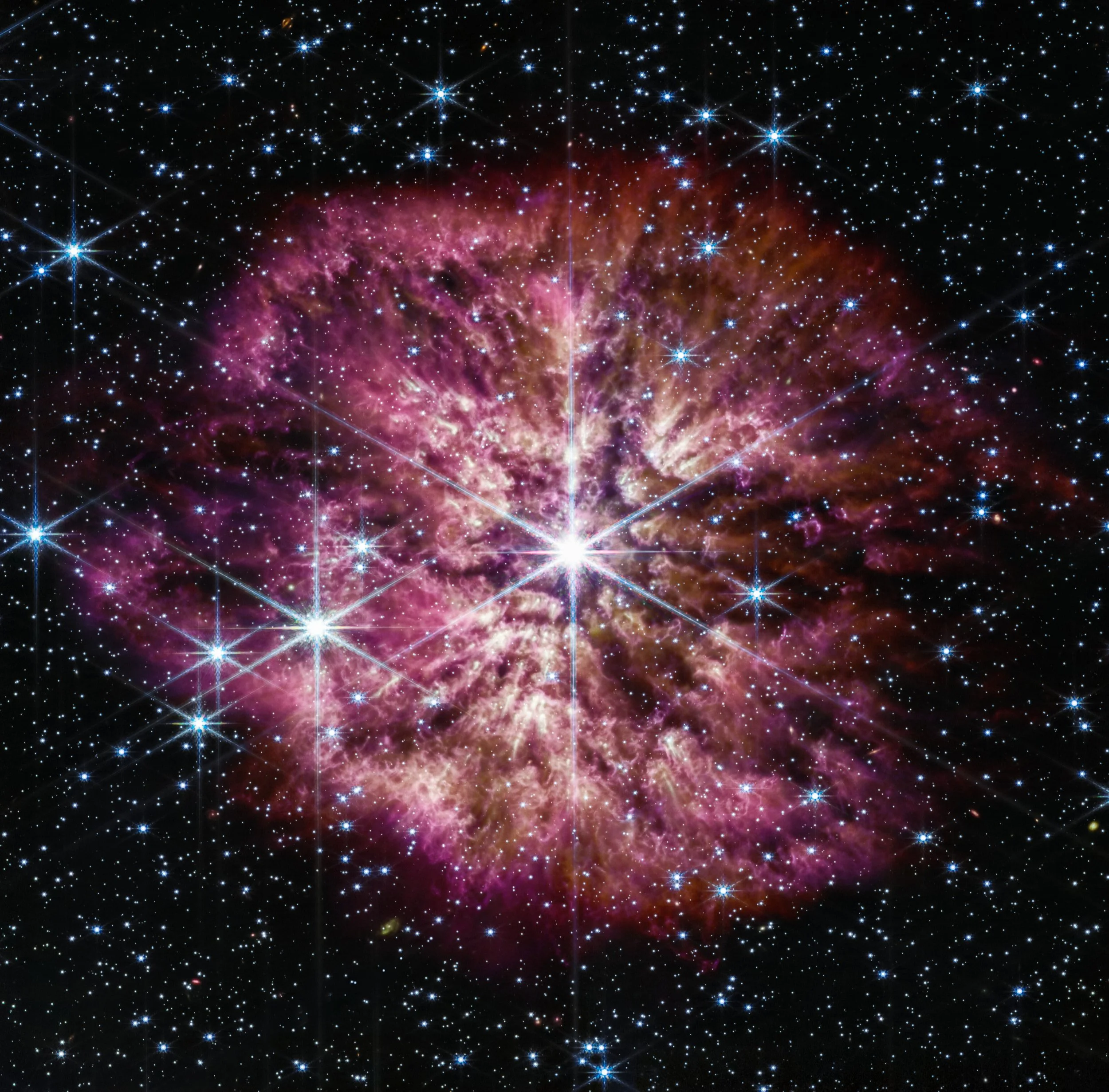 Wolf-Rayet 124, a rare star casting off its outer layers as it transforms, photographed by the James Webb Space Telescope