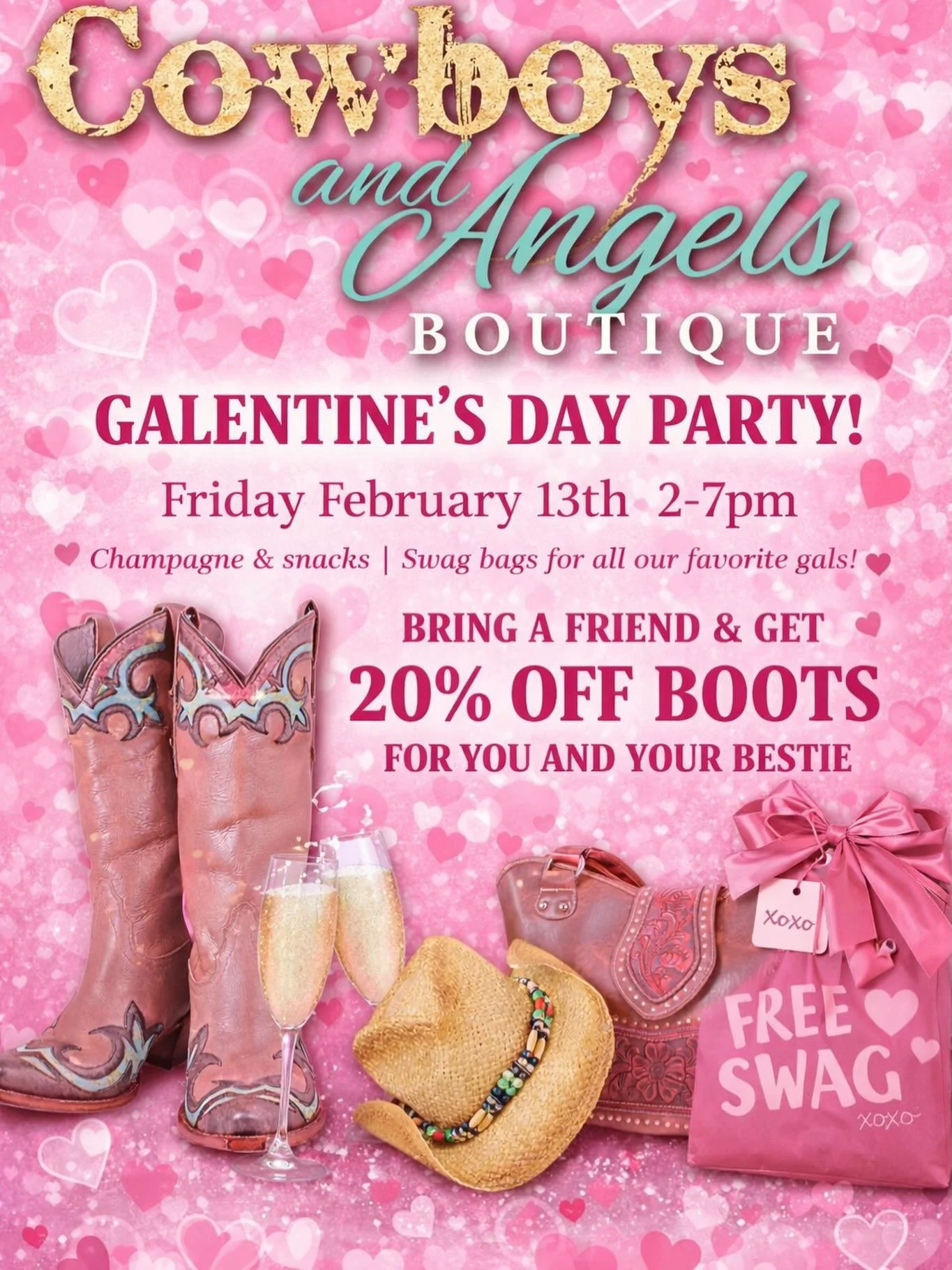 Saddle up, gals&hellip; it&rsquo;s Galentine&rsquo;s Day at Cowboys &amp; Angels! Grab your besties and ride in for bubbly, snacks, and a little boot-scootin&rsquo; shopping!
🥂 Champagne 🎀 Swag bags 🍬 Snacks 👢 Bring a friend &amp; get 20% off boo