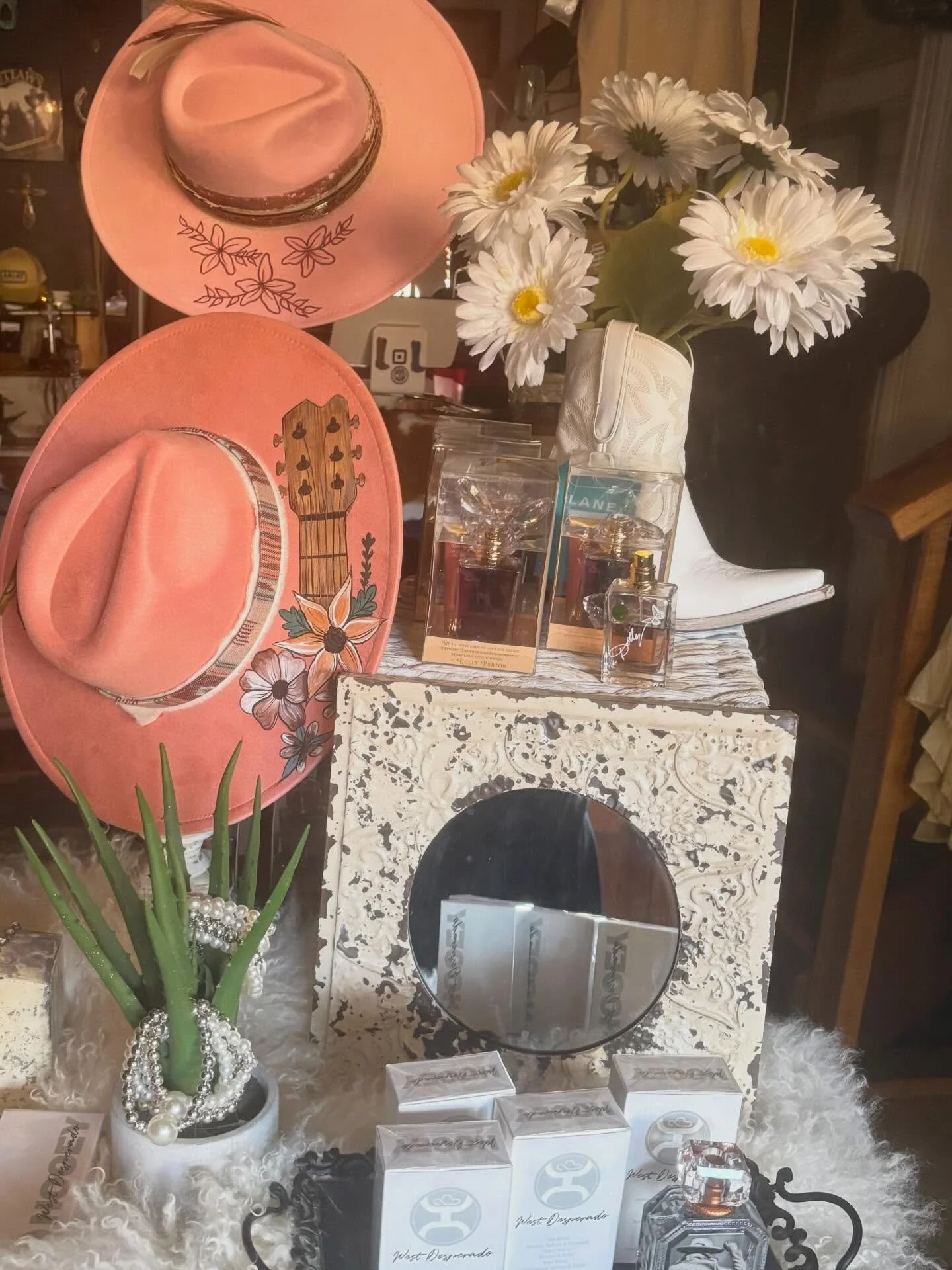 New season. New colors. New scents.  Step into spring with a custom painted hat by Emily@roamingbirdranch  #hooeycologne #dollypartoncologne