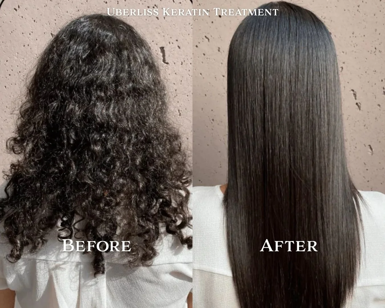 Uberliss Keratin Treatment before and after hair transformation at The Gilded Lily Chicago showing smoother, shinier, frizz-free results.