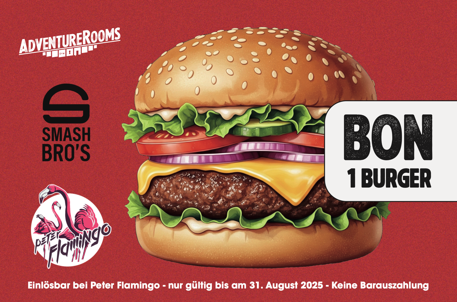 Ein Hamburger mit Sesambrötchen, Salat, Tomaten, Zwiebeln, Gurke, Käse und Hackfleischpatty auf rotem Hintergrund, inklusive Peter Flamingo Logo und Text über das Angebot.