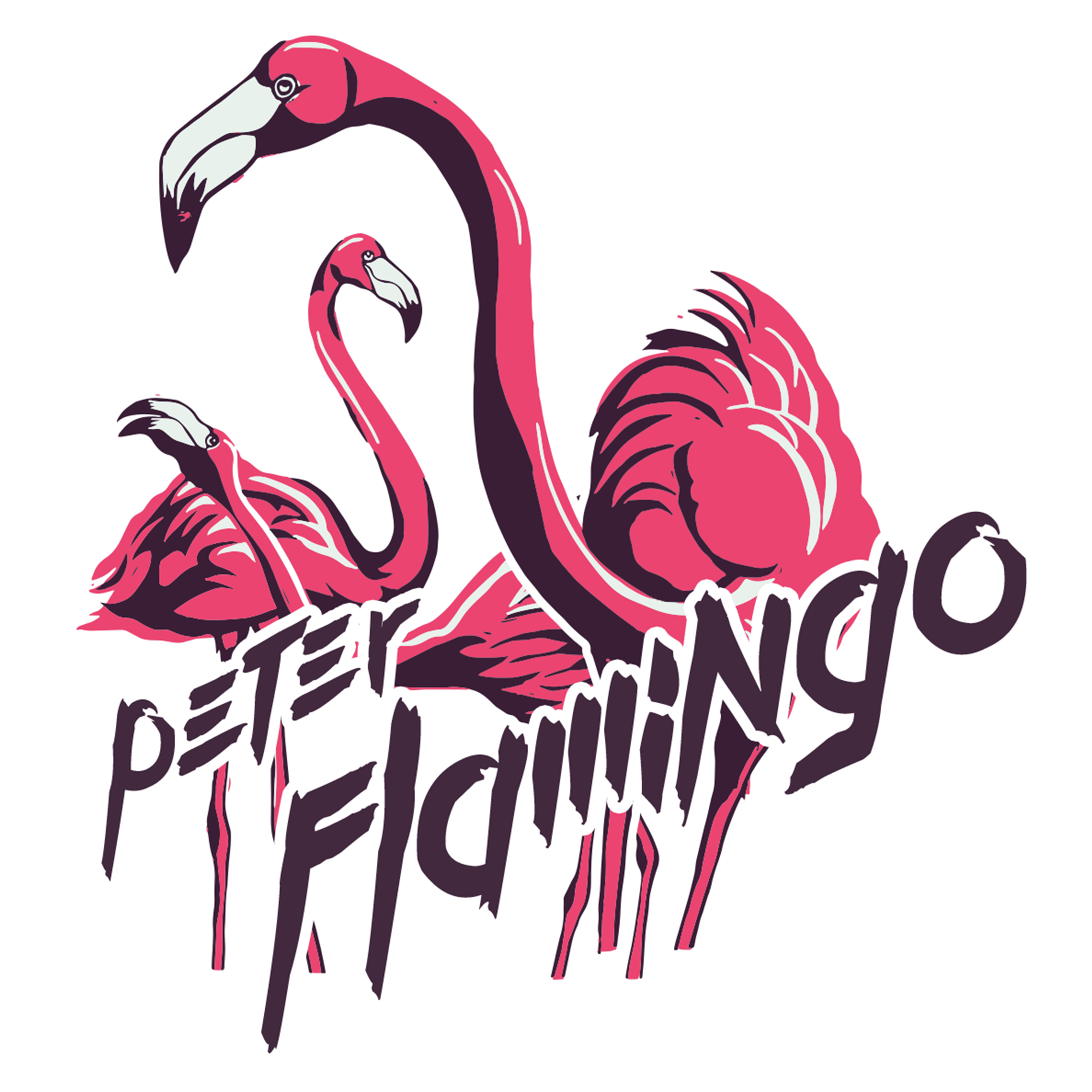 Illustration von drei Flamingos und der Text "Petter Flamingo" in stilisierter Schrift.