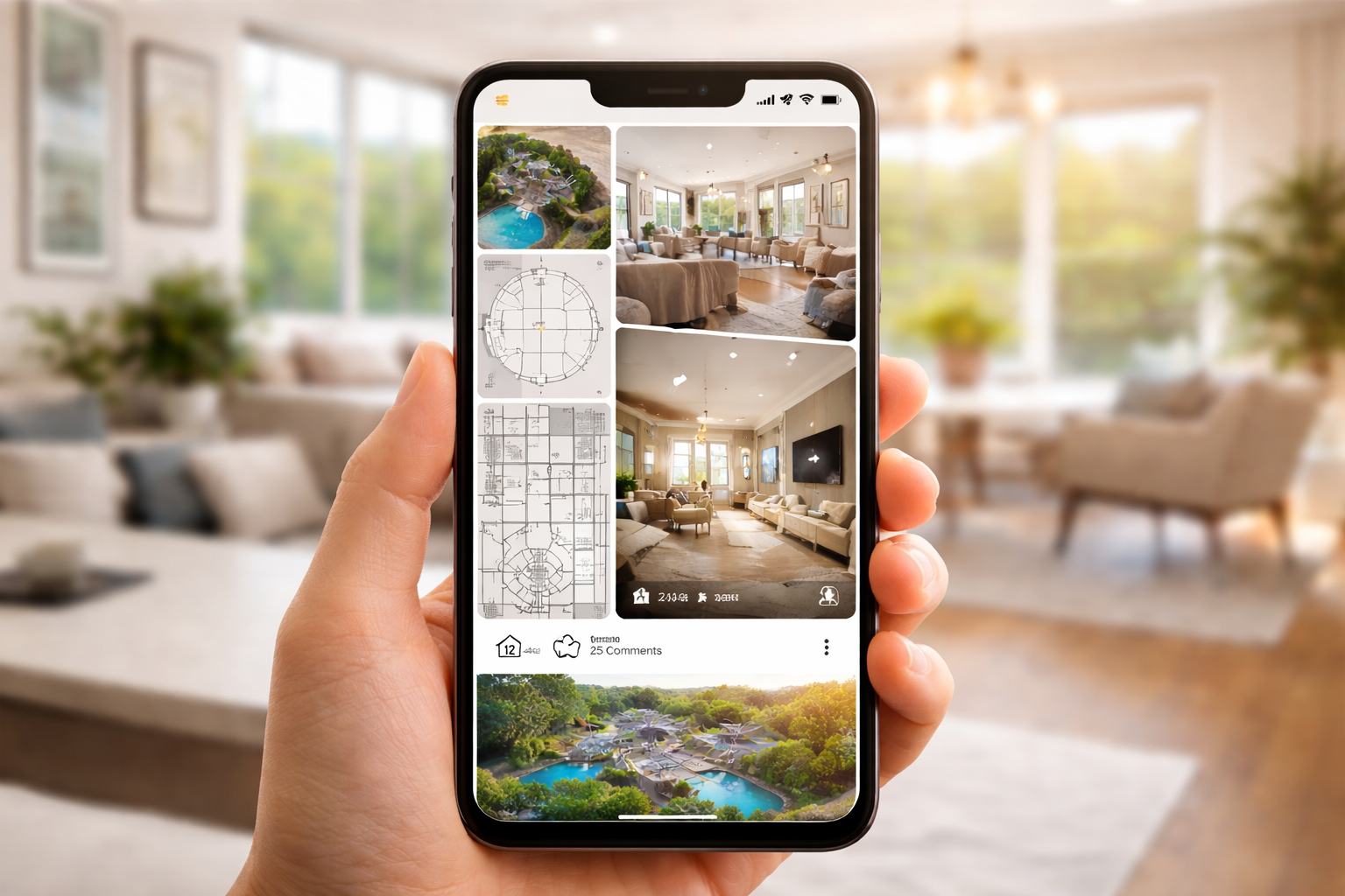 Person holding a smartphone displaying images and floor plans of a house's interior and exterior, with a blurred living room in the background.