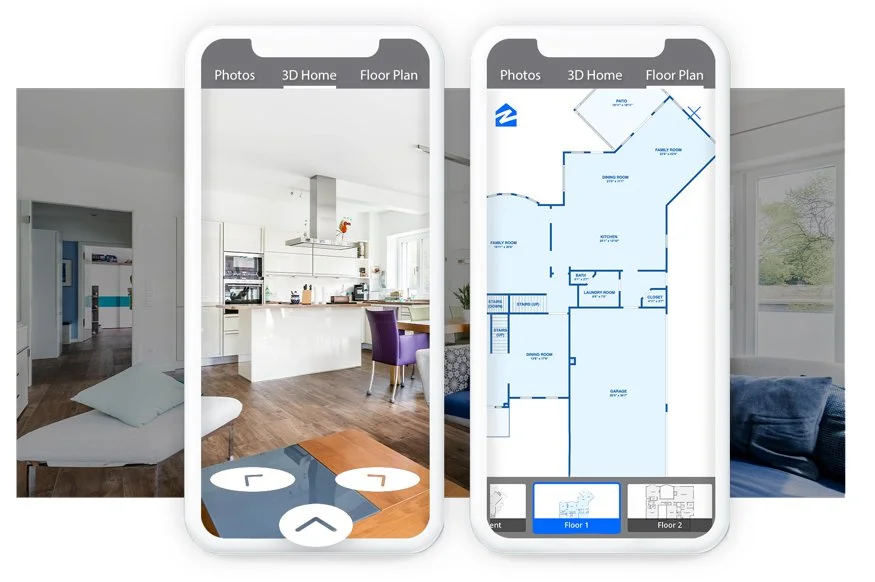 Two smartphones displaying a virtual home tour app, showing interior images and a floor plan of a house, with some rooms visible in the background.