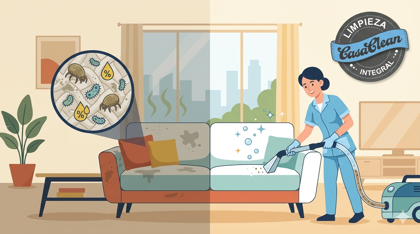 Una limpiadora realizando una limpieza y desinfección de un sofá en Asunción, Paraguay.