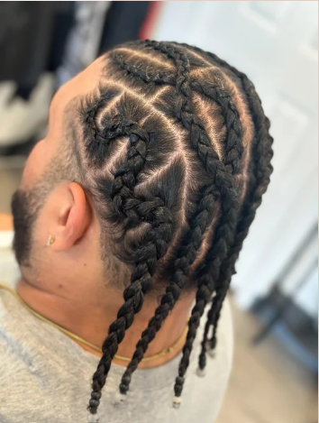 Close-up of a person with intricately styled cornrow braids on the side and longer twisted braids hanging down.