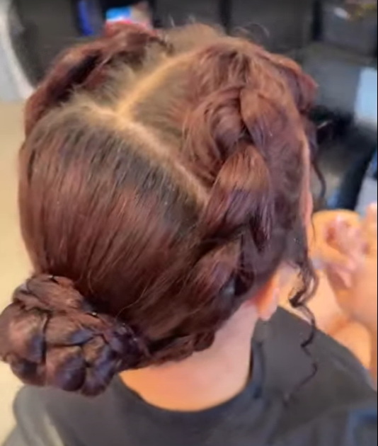 Back of a person's head with red braided hair styled into two buns.