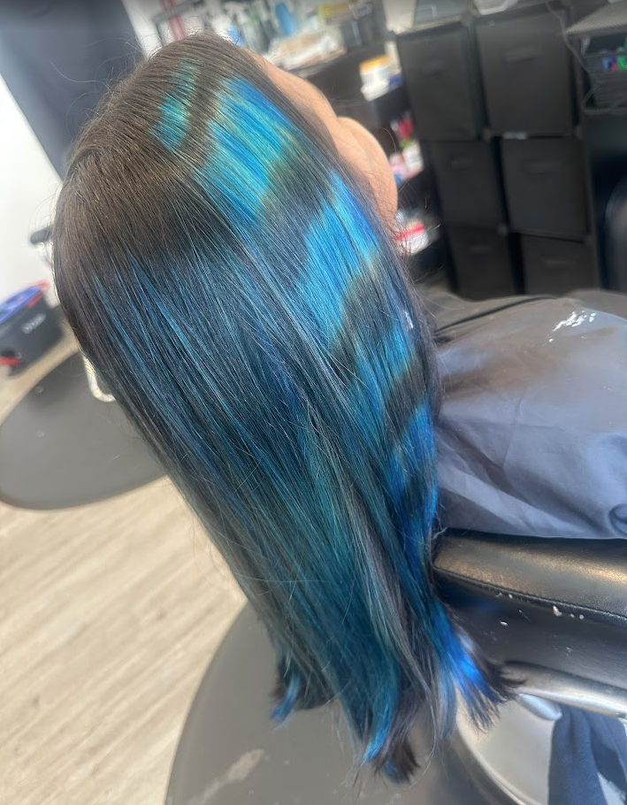 Hair dyed with multiple shades of blue, green, and black, styled straight and glossy.