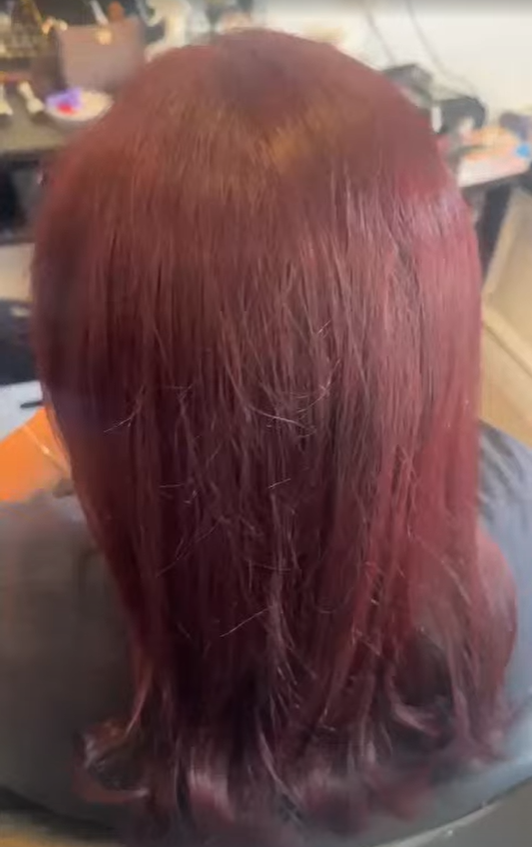 Back view of a person's head with shoulder-length reddish-brown hair.