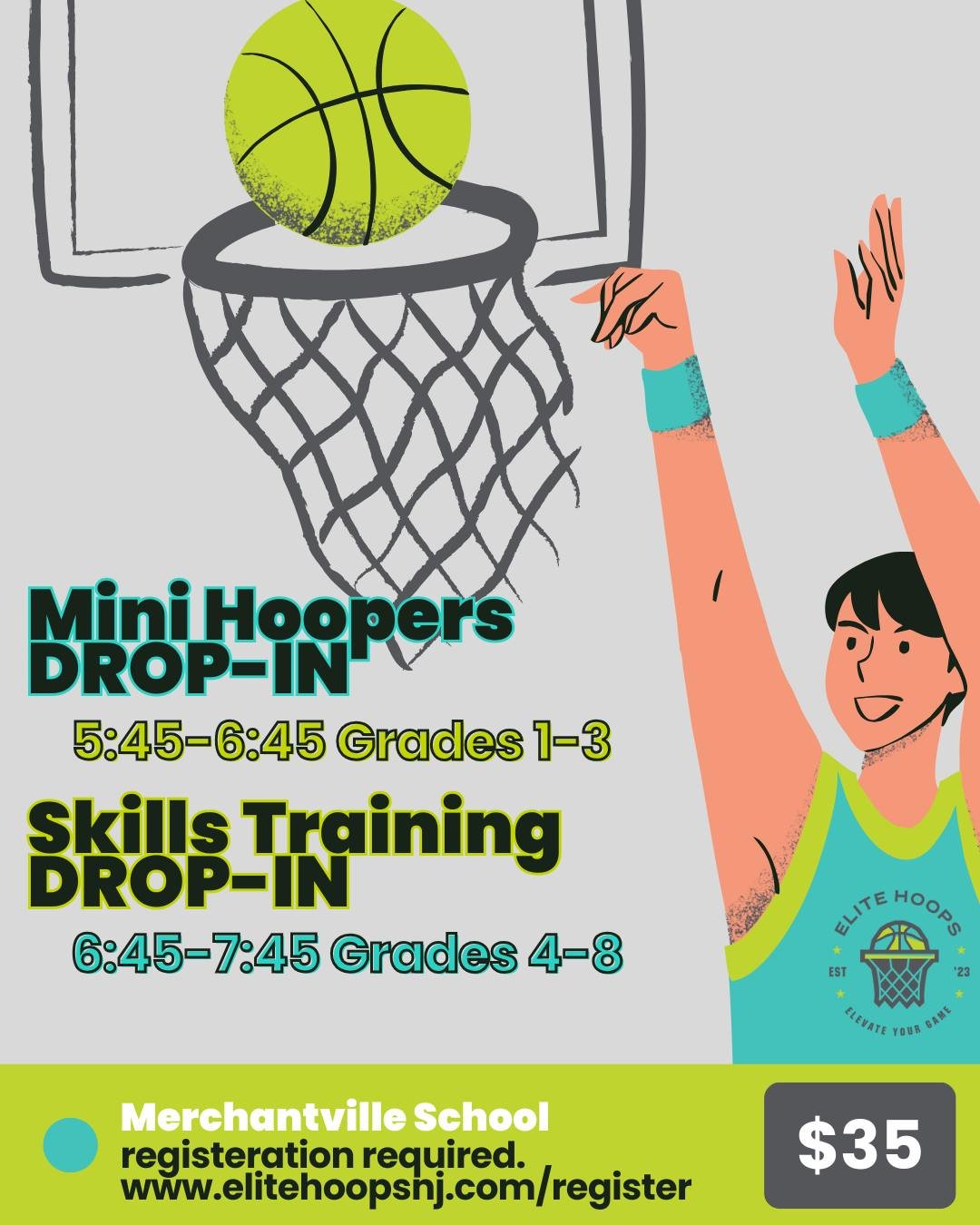 🏀 Drop-In Alert! This Friday, May 2nd! 🏀
Spots are open for both of our Friday night drop-in sessions at Merchantville School!
✨ Mini Hoopers (Grades 1–3)
🕠 5:45–6:45 PM
🔥 Skills Training (Grades 4–8)
🕕 6:45–7:45 PM
Ju