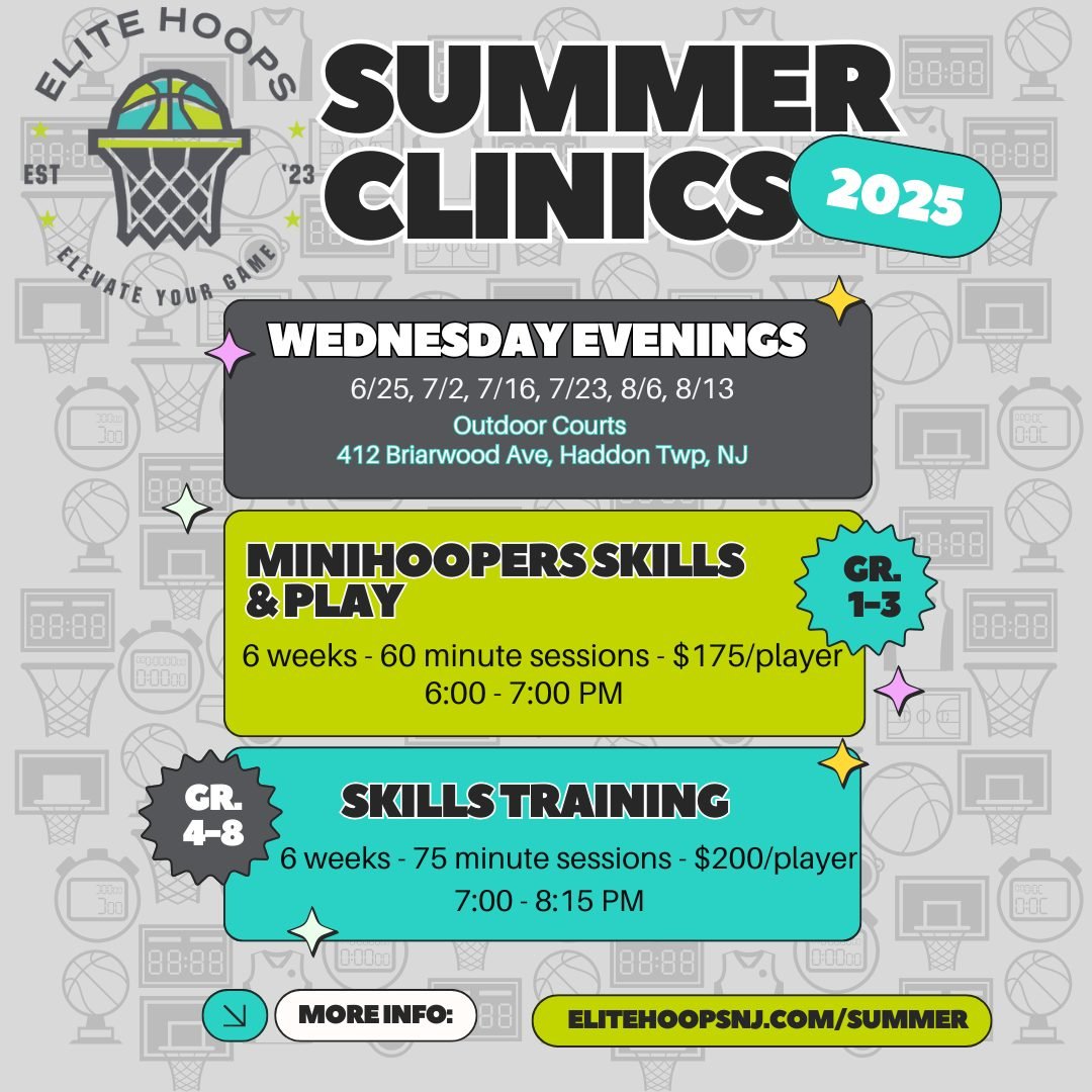 🎉🏀 SUMMER HOOPS ALERT! REGISTER BY 5/9 FOR EARLY BIRD DISCOUNT & PAYMENT PLANS! 🏀🎉
Elite Hoops NJ Summer 2025 is coming in HOT! 🔥
☀️ Camps & Clinics for Grades K–8
💸 $25 Early Bird Discount — Register by 5/9!
💳 Payment Pla