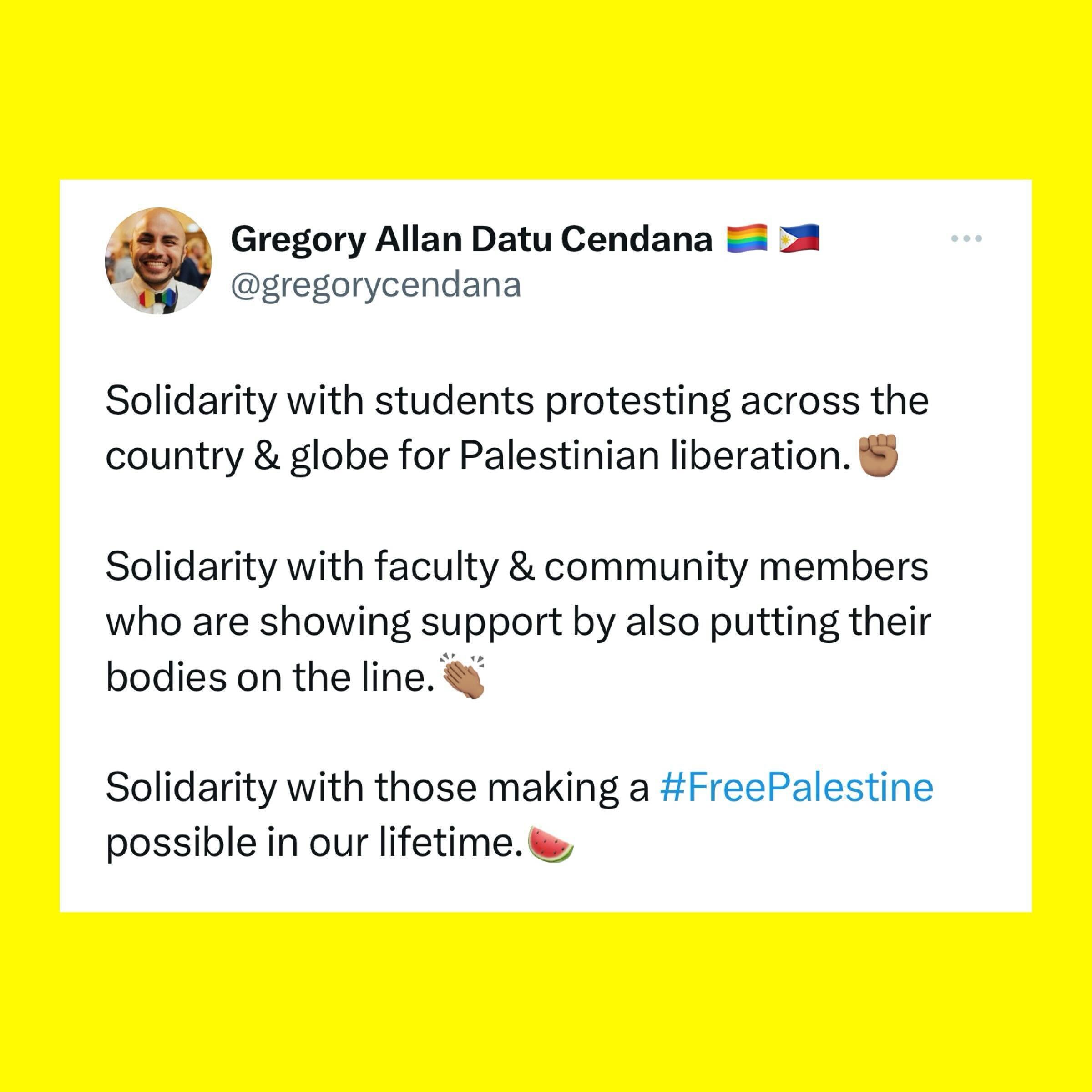 Solidarity with students protesting across the country &amp; globe for Palestinian liberation.✊🏽

Solidarity with faculty &amp; community members who are showing support by also putting their bodies on the line.👏🏽

Solidarity with those making a #