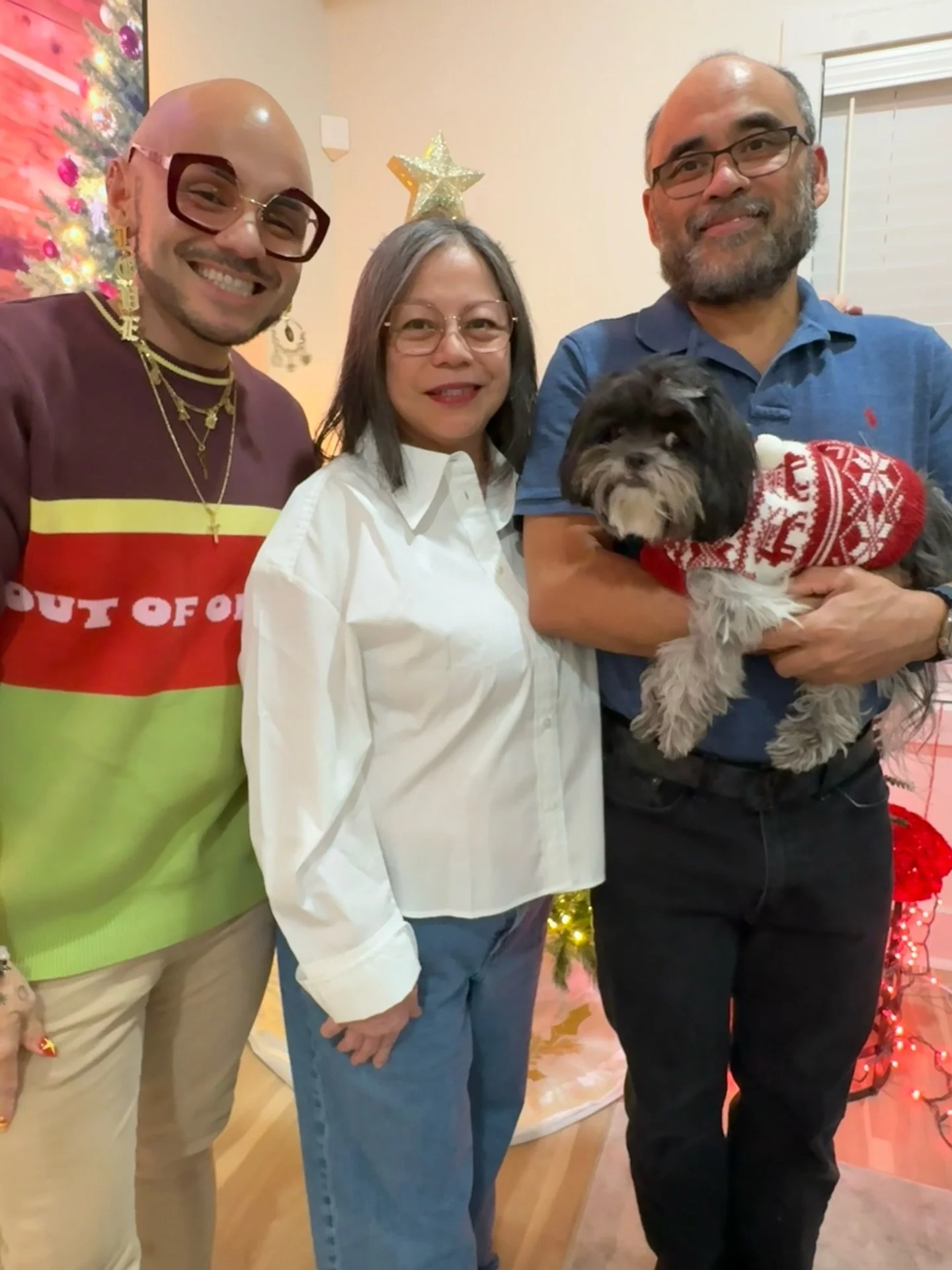 Out of office
(yes, the sweater from the @thehoxtonhotel &times; @barclondon collab 🌈)

In my joy
(next to my pair of trees 🎄)

First Christmas hosting my parents (and Oreo 🐾) in Atlanta 🫶🏽

Grateful beyond words.
Happy holidays from our family 