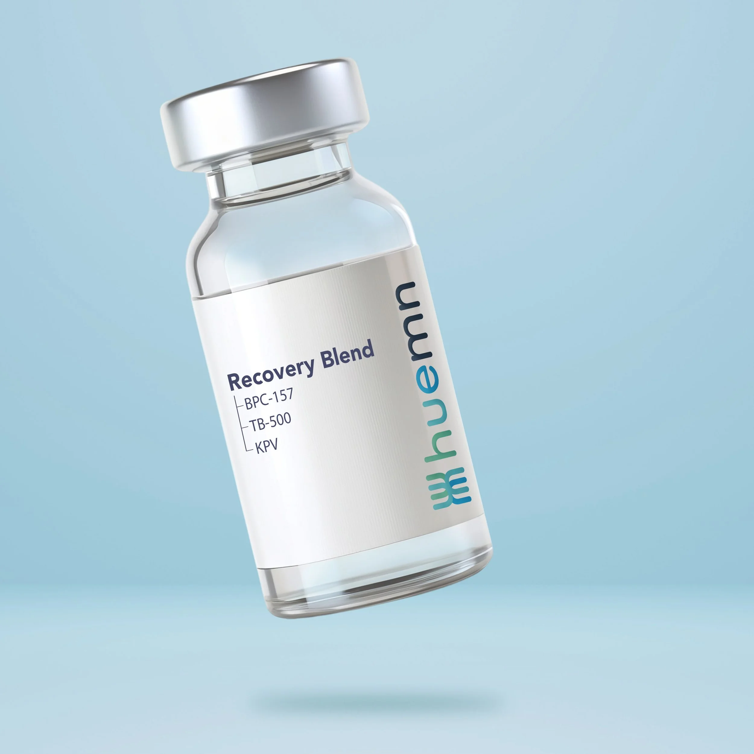 A transparent medication bottle labeled 'Recovery Blend' with ingredients listed, floating against a light blue background.