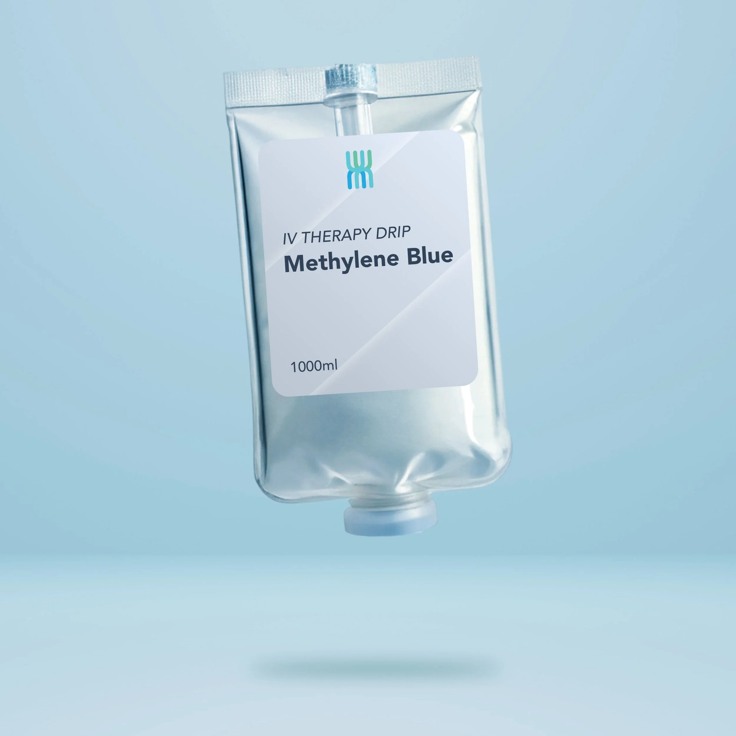 A clear IV therapy drip bag labeled 'Methylene Blue' with 1000ml capacity, floating against a light blue background.
