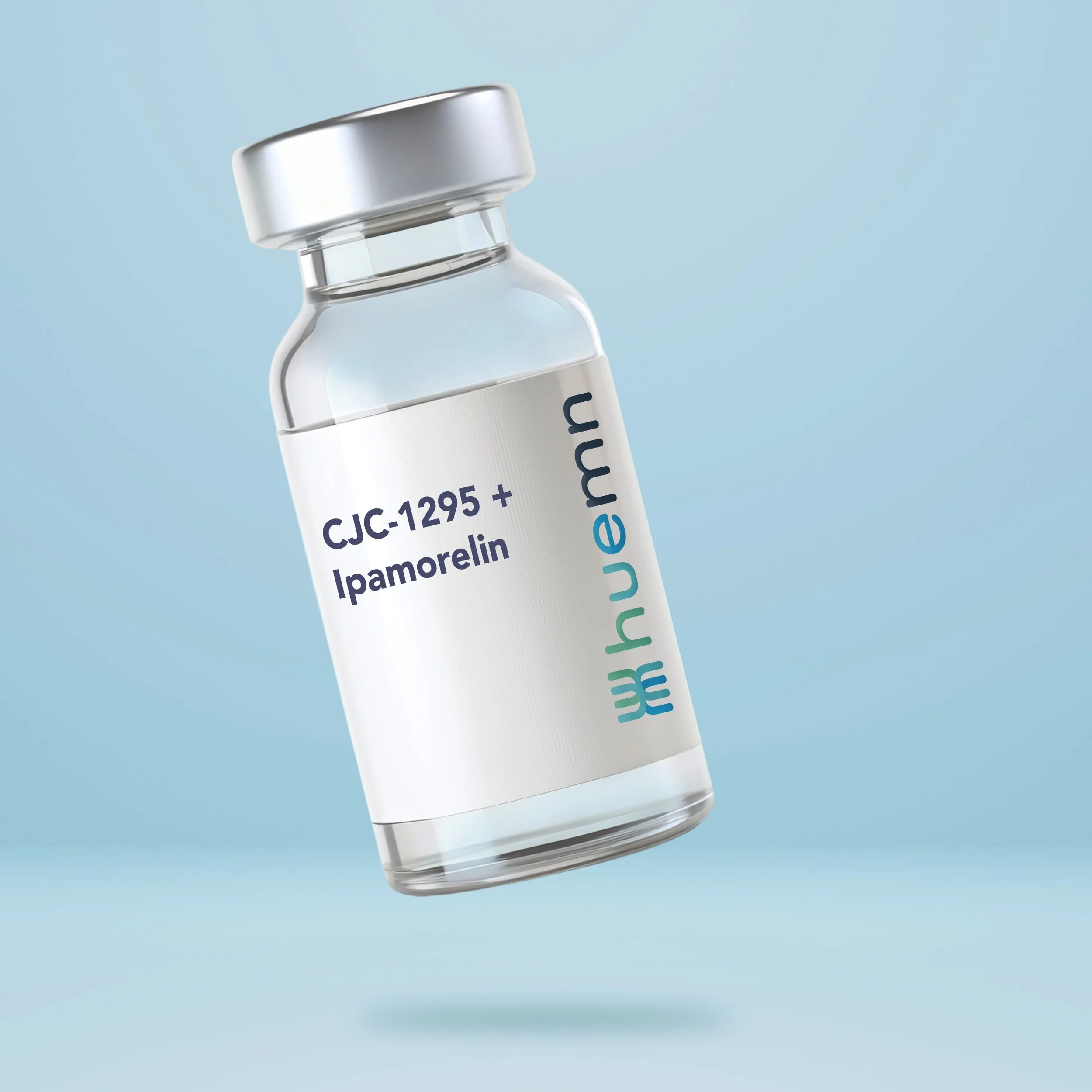 A clear glass vial with a silver cap, labeled with the text 'CJC-1295 + Ipamorelin' and the logo 'hhumann,' floating against a light blue background.