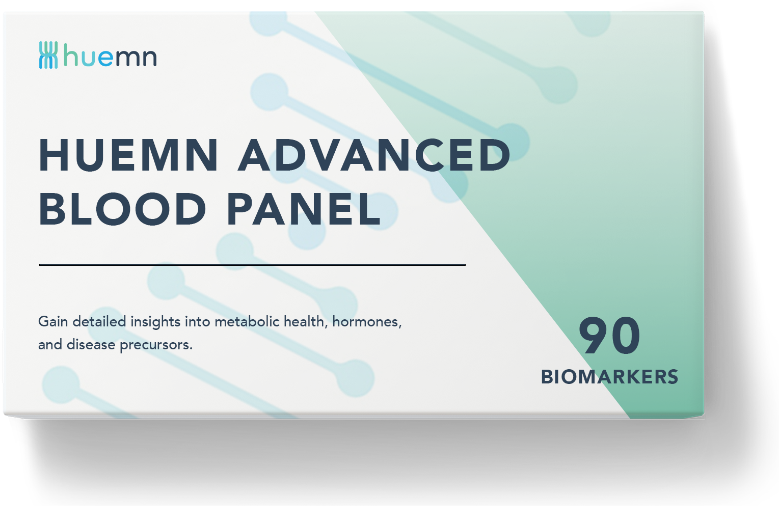 Packaging for Huemn Advanced Blood Panel, contains 90 biomarkers, with a light blue and green geometric design and a DNA strand graphic in the background, and text indicating it provides insights into metabolic health, hormones, and disease precursors.