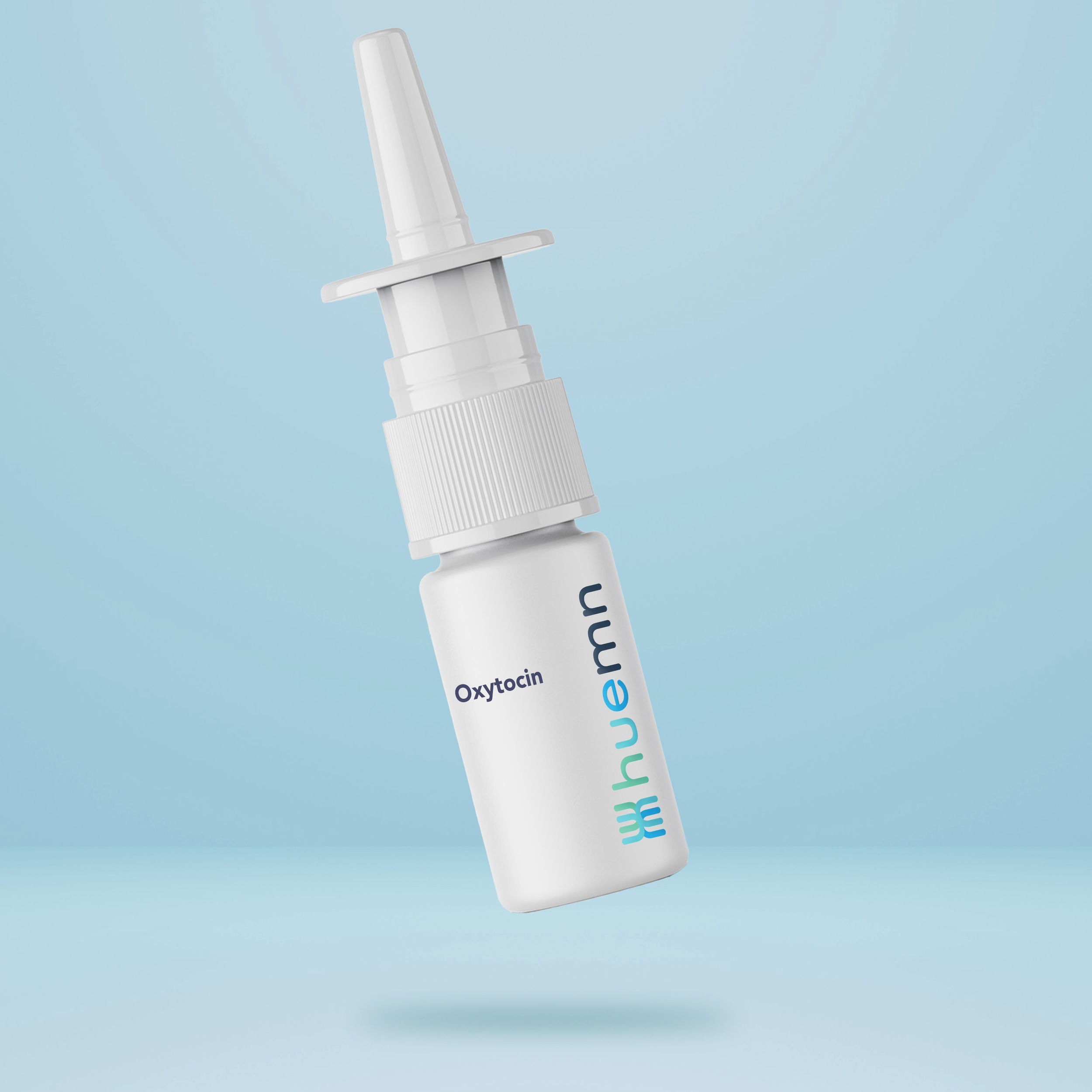 A bottle of Whhue.mx Oxytocin nasal spray floating against a light blue background.