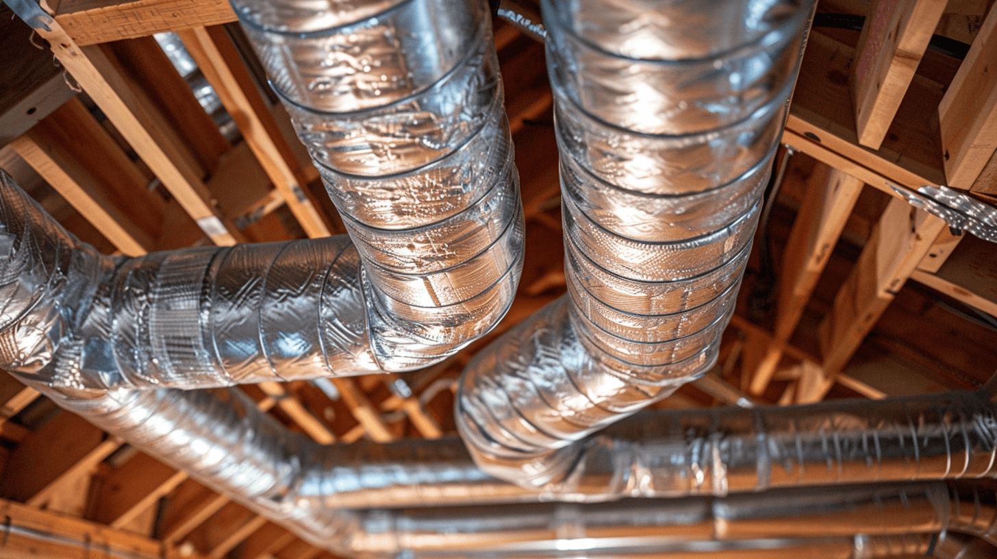 Silver insulated flexible heating ducts installed in ceiling space with wooden beams visible.