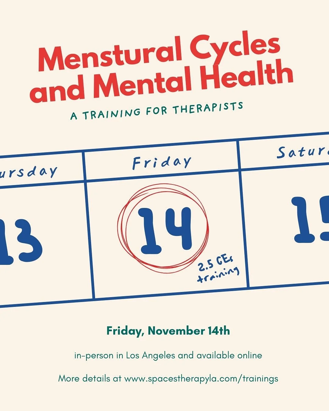 NOVEMBER TRAINING 📣 If you are a therapist looking to better understand the menstrual cycle and how it can show up in a therapeutic setting, this training is for you!  WHEN: Friday, November 14th 9:30am-12:15pm WHAT: An informational training on the