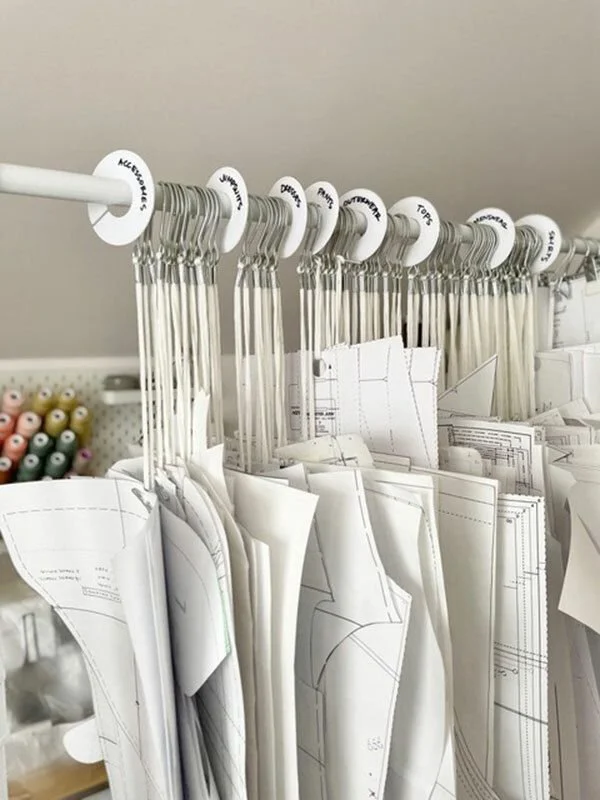 Hanging organizing system with architectural or sewing patterns clipped on labeled rings, with spools of thread in the background.