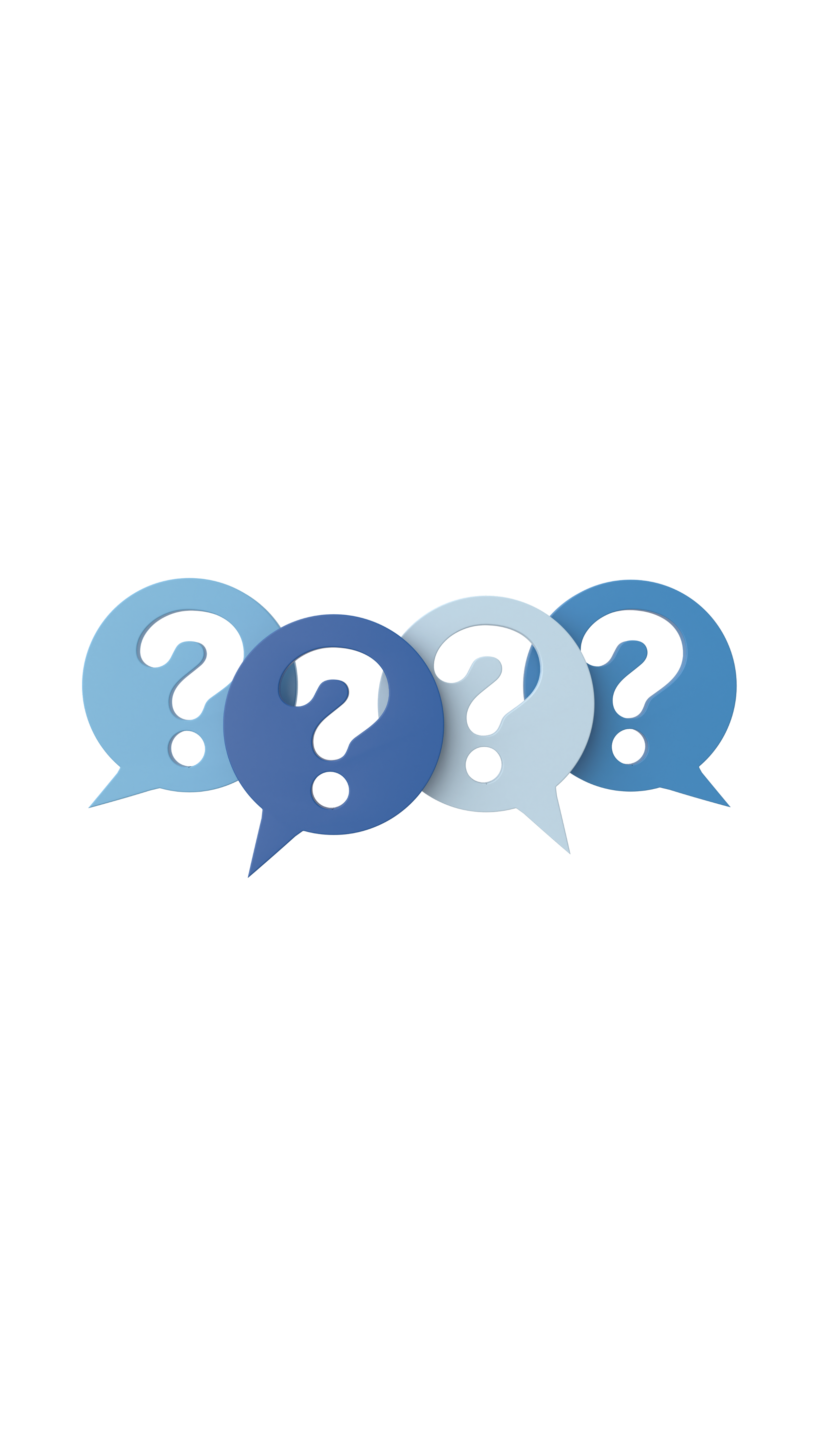 Four colorful speech bubbles with question marks inside, arranged in a row.