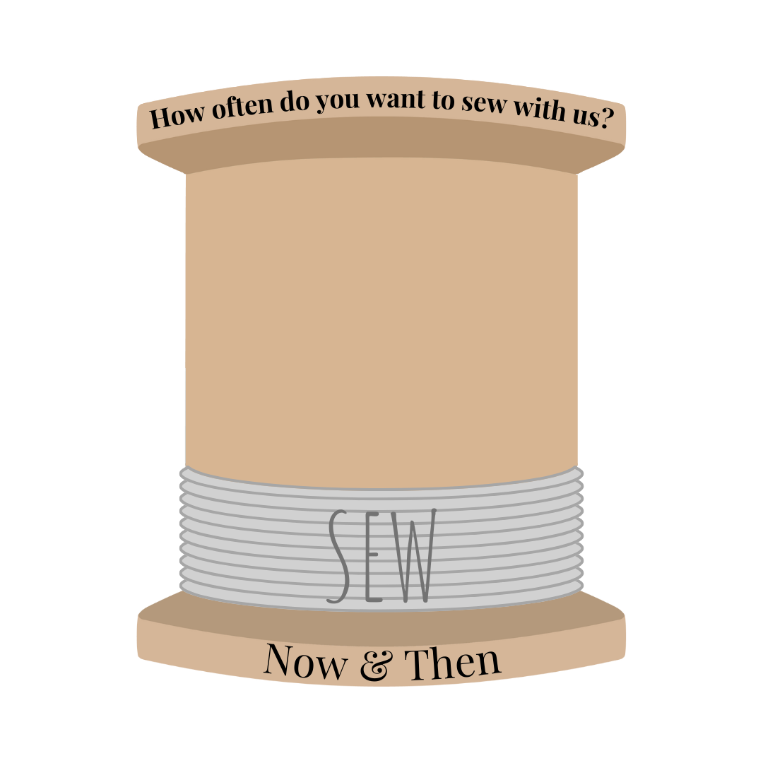 A vintage spool of beige thread with gray thread wrapped around it, featuring the letters "SEW" on the thread, and phrases "How often do you want to sew with us?" on the top banner and "Now & Then" on the bottom banner.