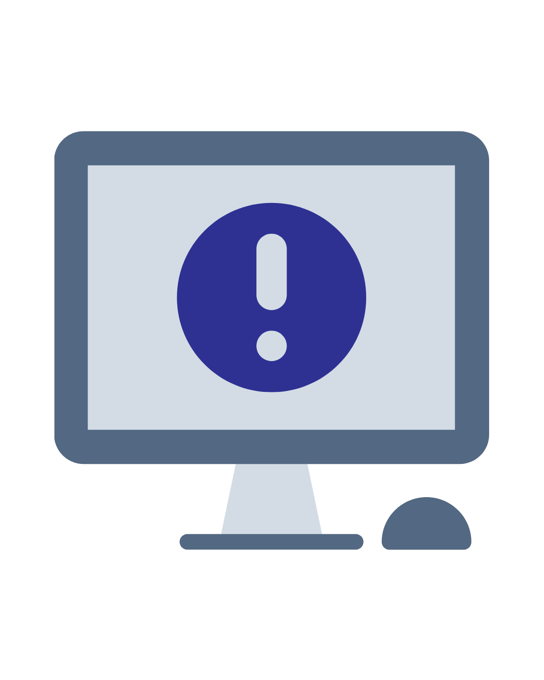 Computer monitor displaying a large blue exclamation mark inside a circle, with a mouse beside it.