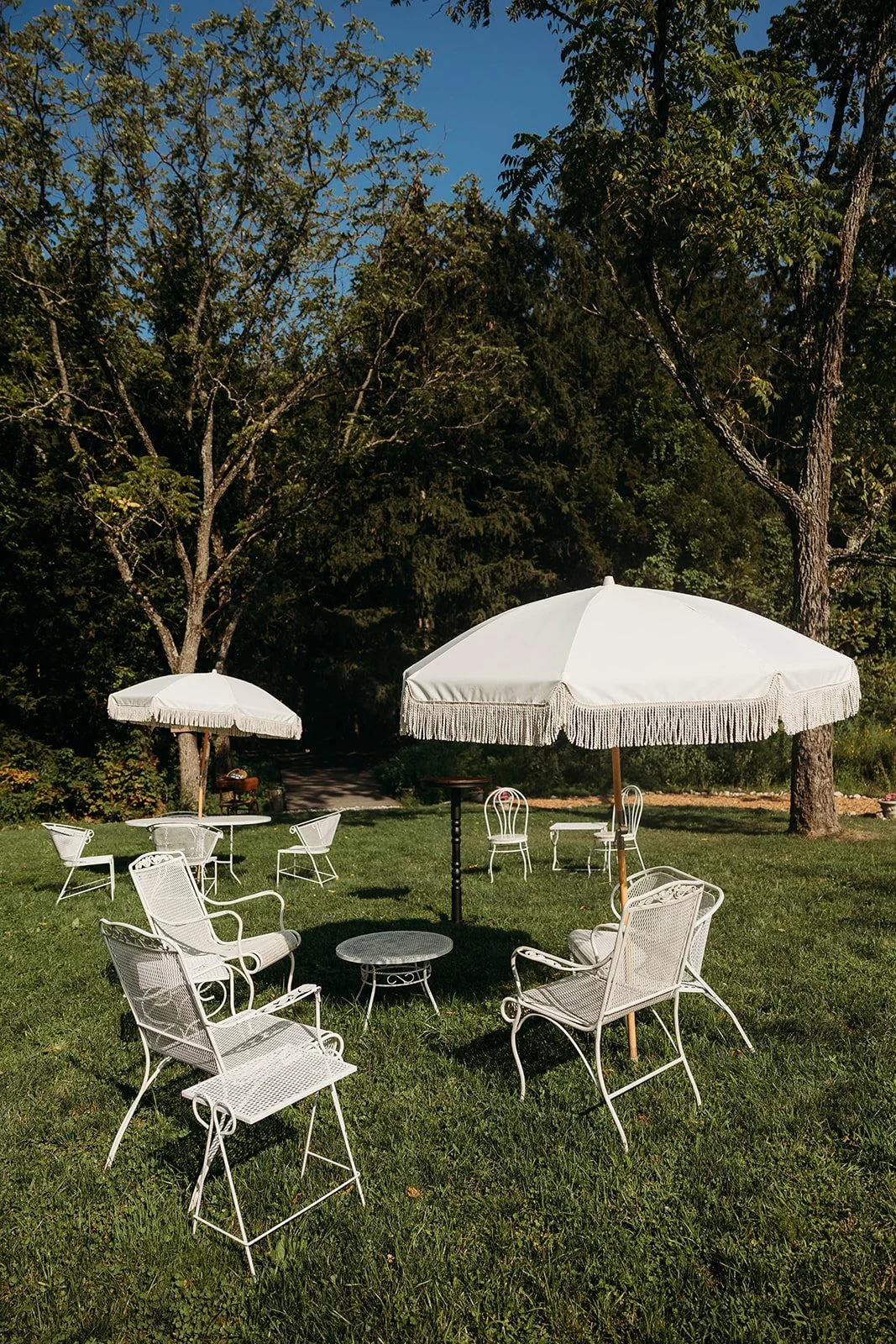 Outdoor scene with white patio furniture, including chairs, tables, and large umbrellas on a grassy area, surrounded by trees under a clear blue sky.