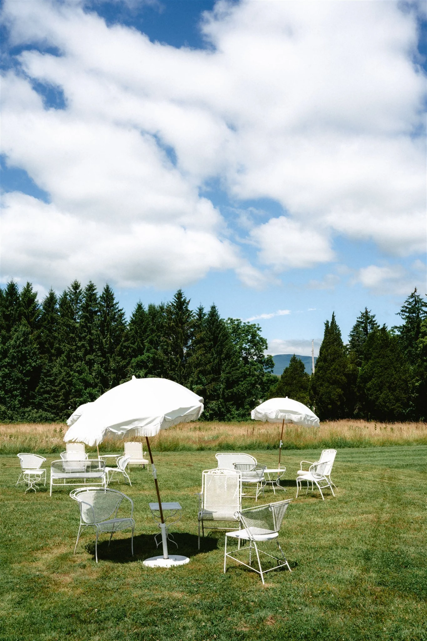Outdoor seating area with white chairs and umbrellas on a grassy field, with trees and a partly cloudy sky in the background.
