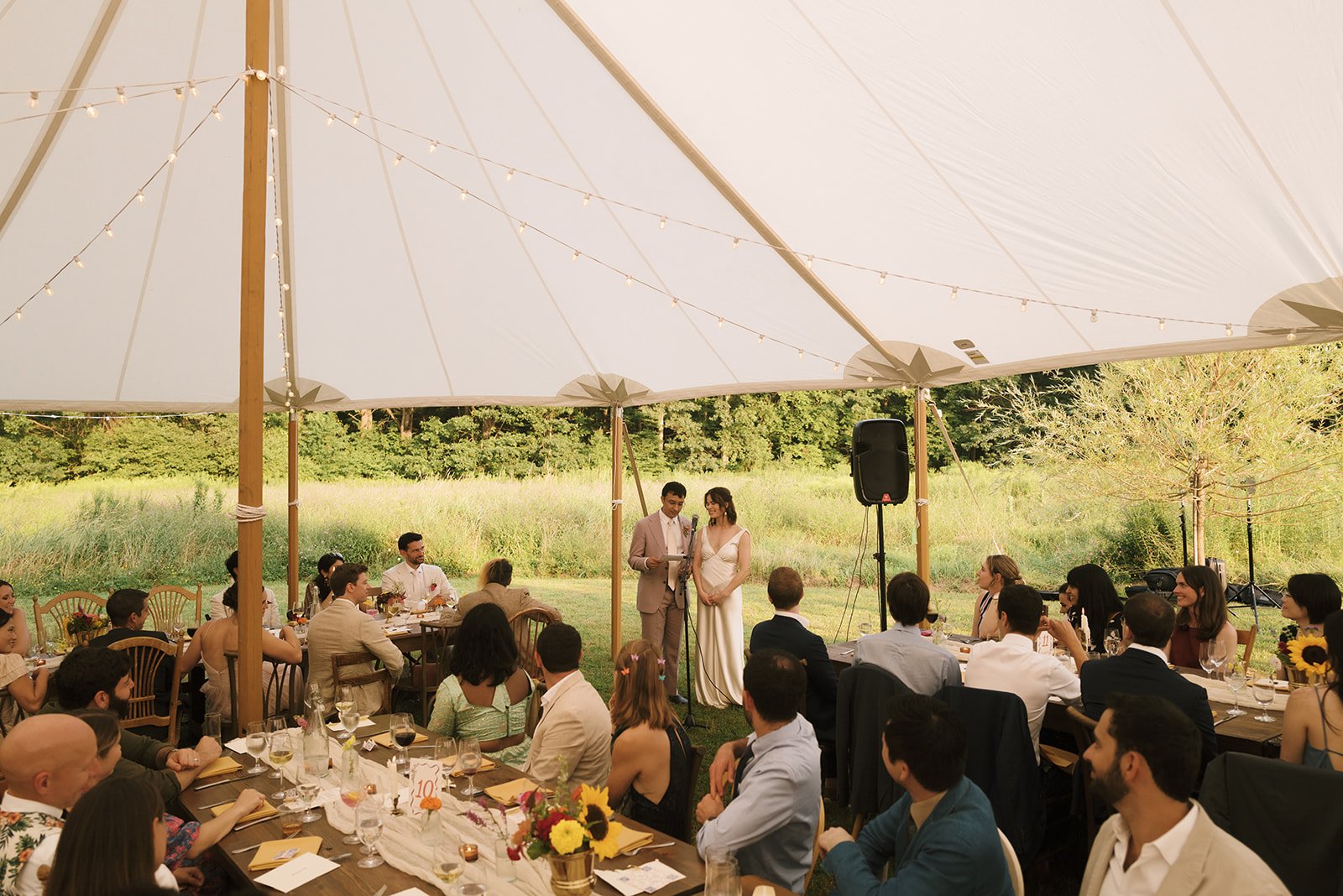 A wedding reception under a white canopy, with the bride and groom standing with a man speaking into a microphone. Guests are seated at tables decorated with flowers, wine, and table settings, in a grassy outdoor setting with trees in the background.