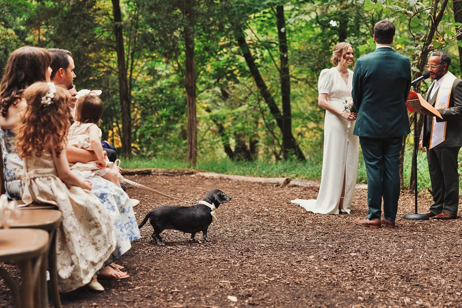 Outdoor wedding ceremony in a wooded area with guests seated on benches, a woman in a white dress and a man in a dark suit standing in front of an officiant, with a black dog on a leash among the seated guests.