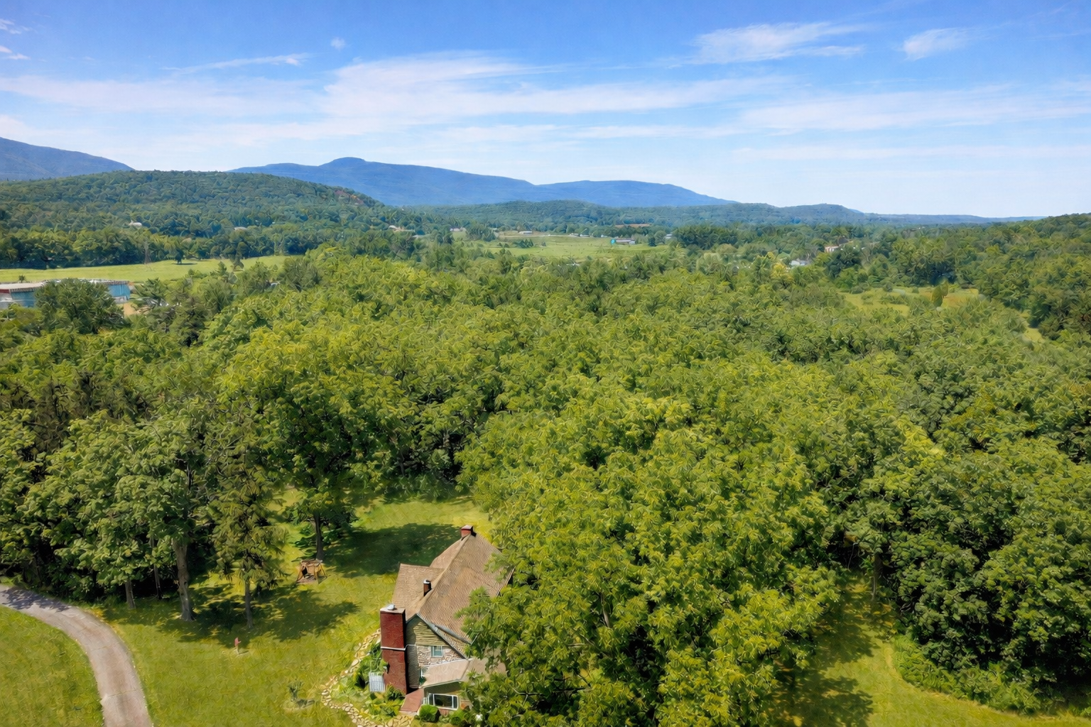 Aerial view of a countryside with lush green trees, a house with a chimney, a curved driveway, and a mountain range in the background under a bright blue sky with some clouds.