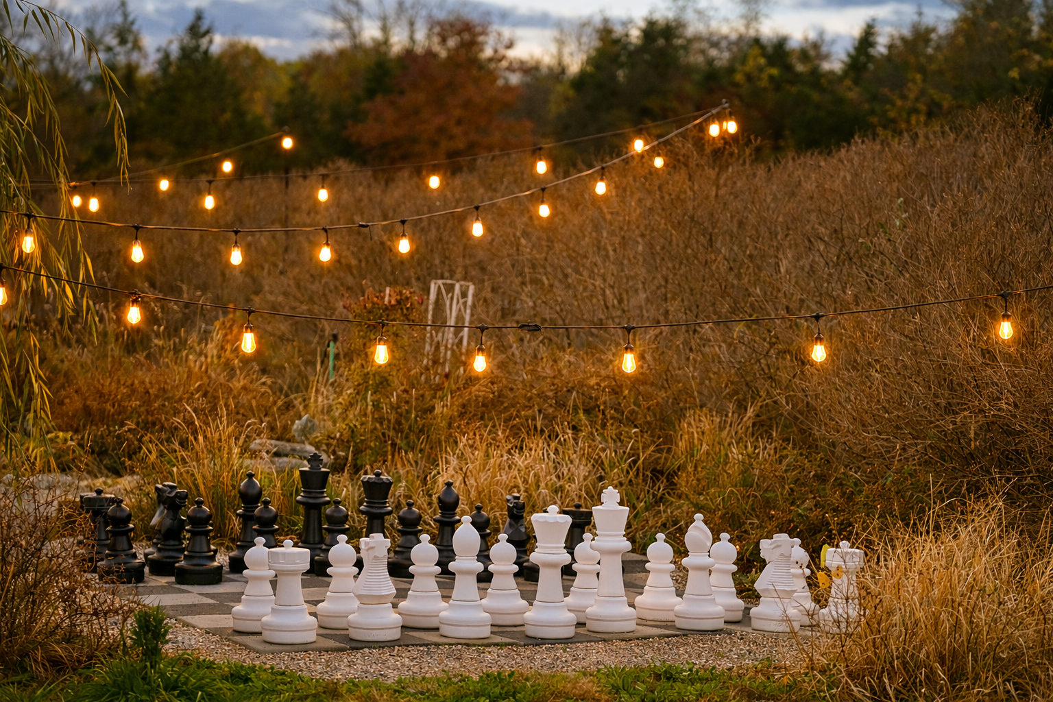 Outdoor chess set with black and white pieces on a checkered board, surrounded by tall dry grass and shrubs, under hanging string lights at dusk.