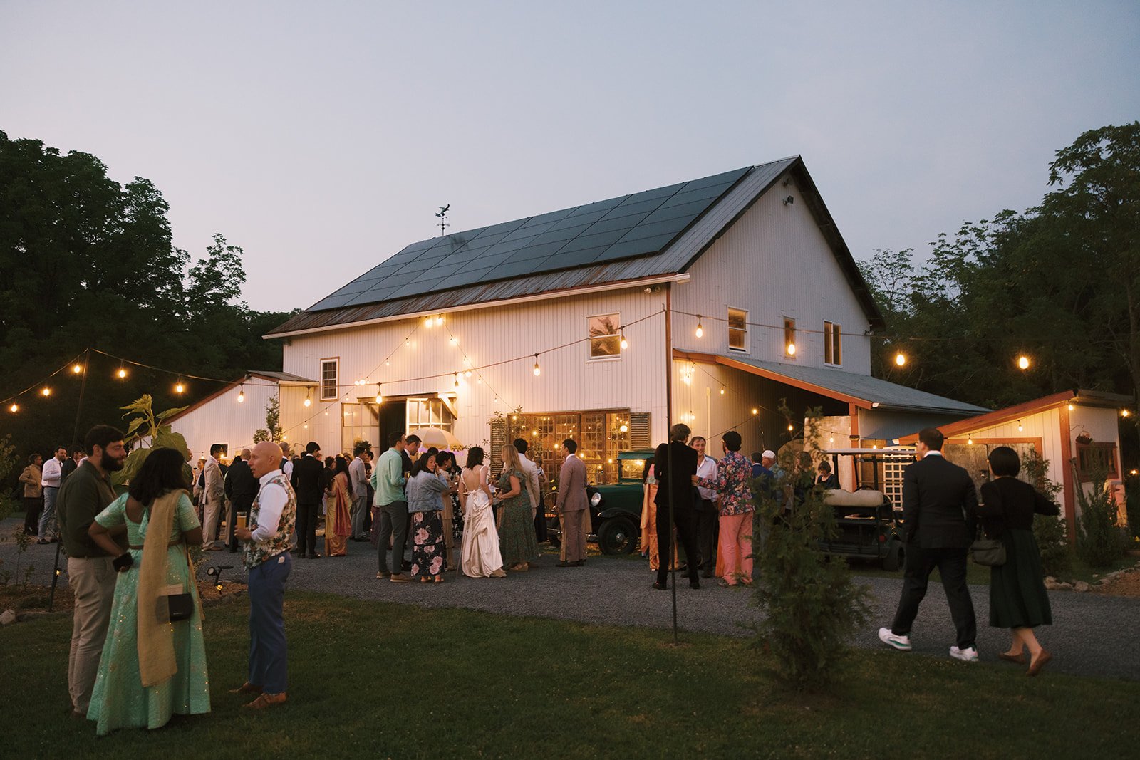 People gathered at a rustic outdoor event with string lights, near a white barn with solar panels on roof, during dusk.